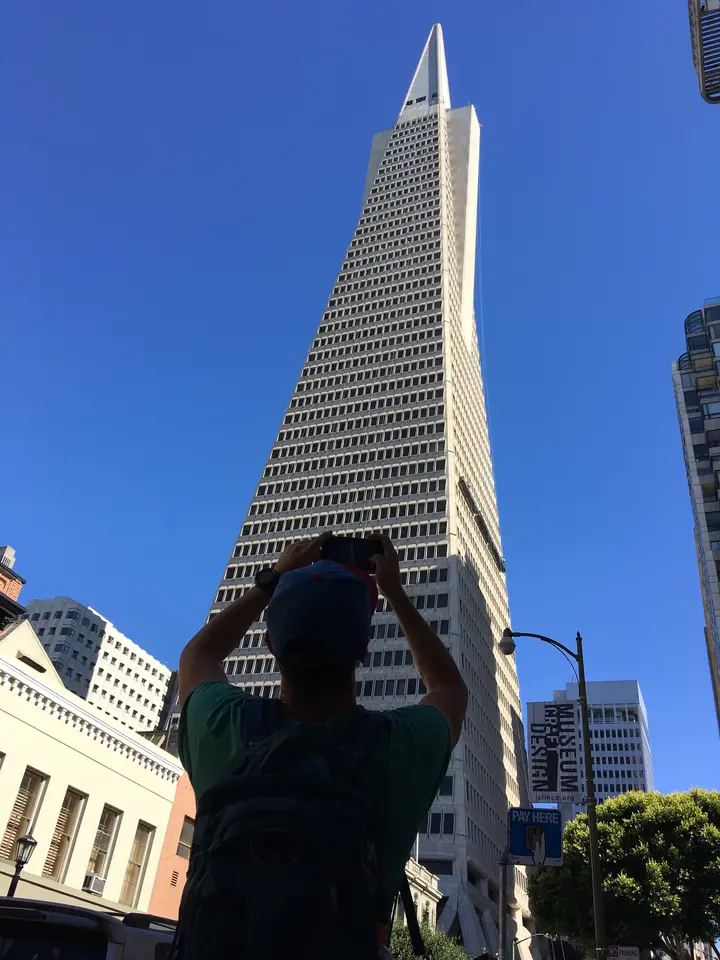 San Francisco street view with Transamerica Pyramid